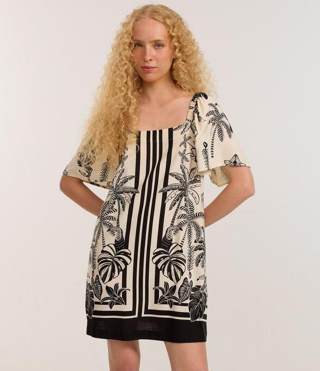 Vestido Curto em Viscose e Linho com Estampa de Folhagem - 3