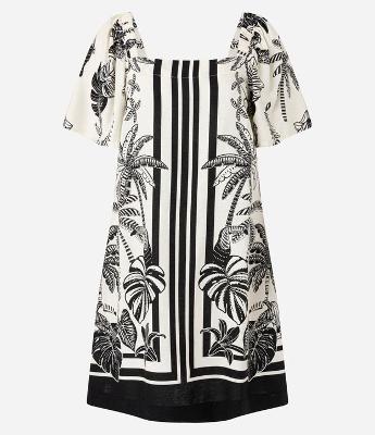 Vestido Curto em Viscose e Linho com Estampa de Folhagem