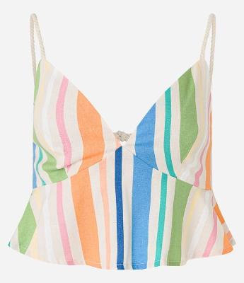 Blusa Cropped em Viscolinho com Lastex e Estampa Listrada