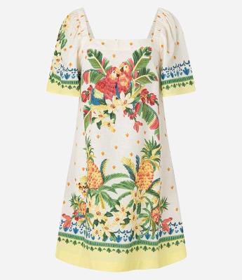 Vestido Curto em Viscose e Linho com Estampa de Tropical