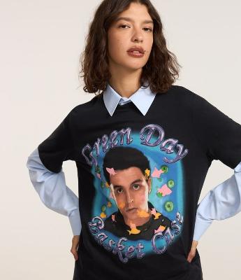 Camiseta Alongada em Algodão com Estampa Green Day