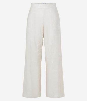 Calça Wide Leg em Laise com Bordado Floral e Bolsos