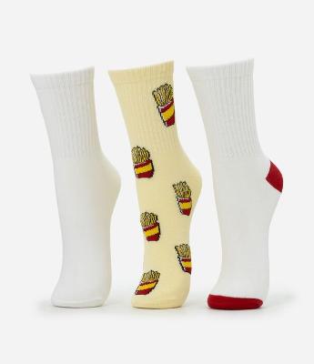 Kit 03 Meias Cano Alto em Algodão com Estampa e Bordado de Batatas Fritas