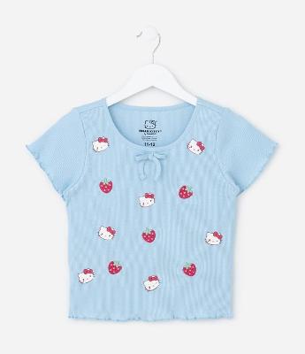 Blusa Infantil Canelada com Estampa Hello Kitty e Morangos - Tam 5 a 14 Anos