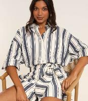 Camisa Over em Tricoline Listrada com Cava Deslocada - 1