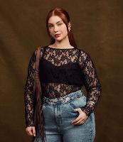 Blusa em Renda Floral com Transparência e Manga Longa Curve & Plus Size - 1