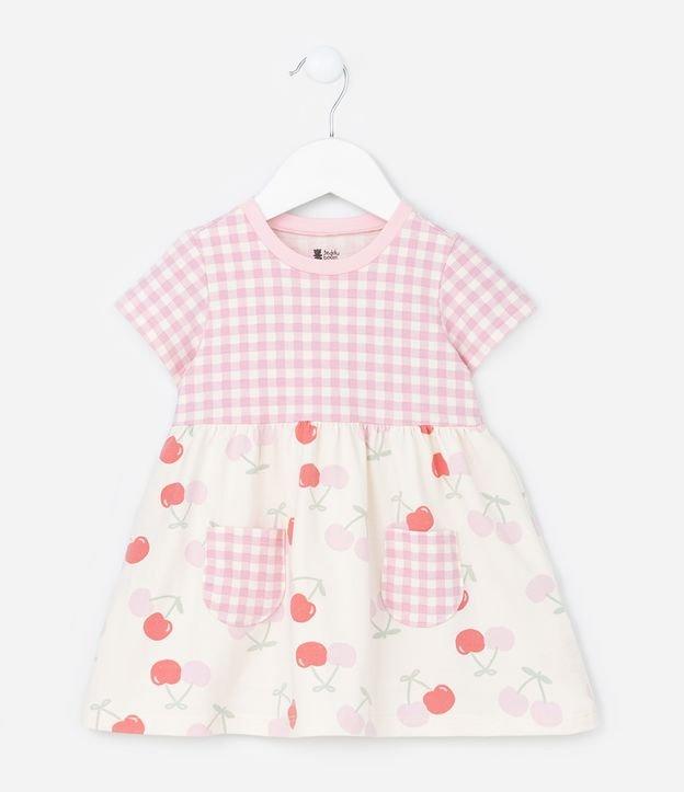 Vestido Infantil com Estampa Xadrez e Cerejas - Tam 0 a 18 Meses - 1