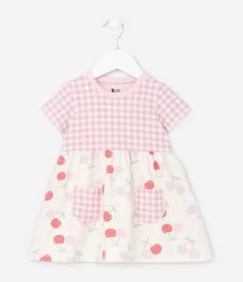 Vestido Infantil com Estampa Xadrez e Cerejas - Tam 0 a 18 Meses