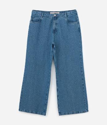 Calça Wide Leg em Jeans com Brilhos Curve & Plus Size