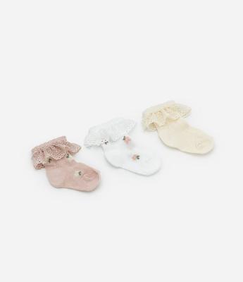 Kit 03 Meias Infantis com Babadinho em Renda - Tam  RN a 12 meses