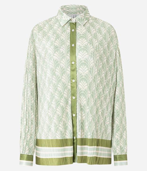 Camisa Oversized em com Listras na Barra e Estampa Folhagens - 1