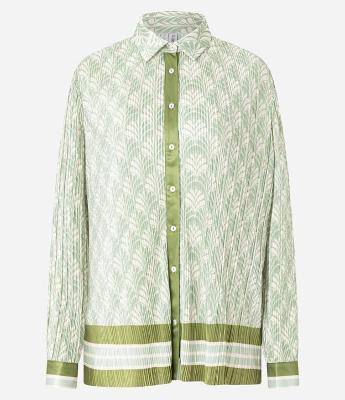 Camisa Oversized em com Listras na Barra e Estampa Folhagens