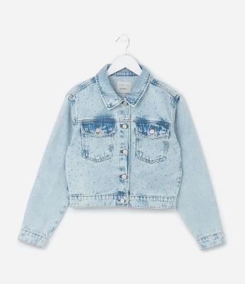 Jaqueta Regular Infantil em Jeans com Brilhos Aplicados - Tam 5 a 14 Anos