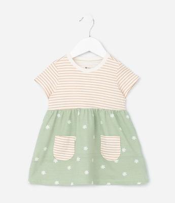 Vestido Infantil em Algodão com Estampa de Listras e Flores -Tam 0 a 18 Meses
