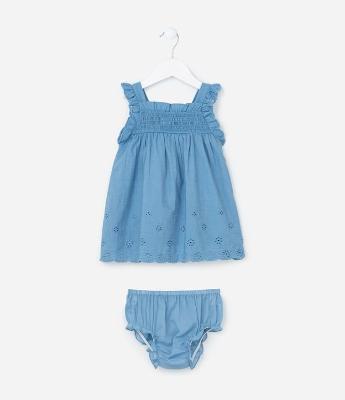 Vestido Infantil de Alcinha com Bordado na Barra e Calcinha - Tam 3 a 18 Meses