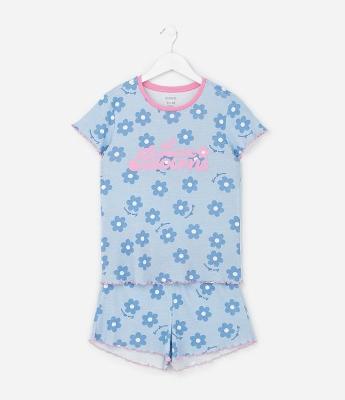 Pijama Curto Infantil com Estampa de Florzinhas  - Tam 5 a 16 Anos
