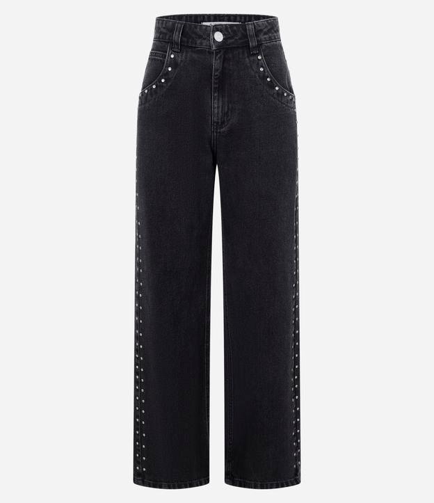 Calça Reta em Jeans com Brilhos na Lateral - 1