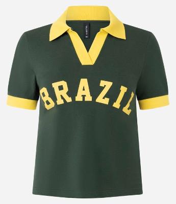 Blusa Polo em Piquet Bicolor com Estampa Brazil