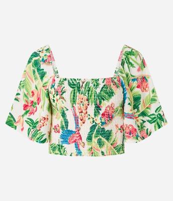 Blusa Cropped com Lastex e Estampa Tropical