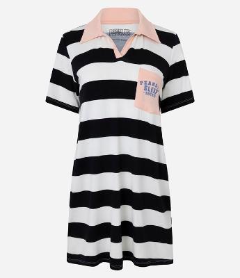 Camisola em Viscose Listrada com Gola Polo e Estampa Peanuts