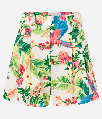 Short Curto em Viscolinho com Fivelas e Estampa Tropical