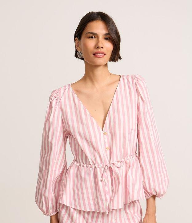 Blusa em Tricoline Listrada com Manga 3/4 Bufante - 2