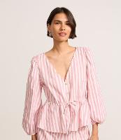 Blusa em Tricoline Listrada com Manga 3/4 Bufante - 2