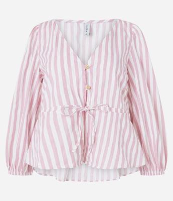 Blusa em Tricoline Listrada com Manga 3/4 Bufante