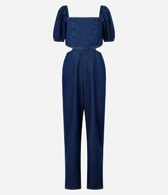 Macacão Jeans com Manga Bufante e Vazado na Cintura