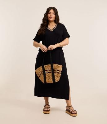 Vestido Midi com Gola Contrastante Curve & Plus Size