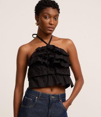 Blusa Cropped em Frente Única com Alça de Amarração e Babados