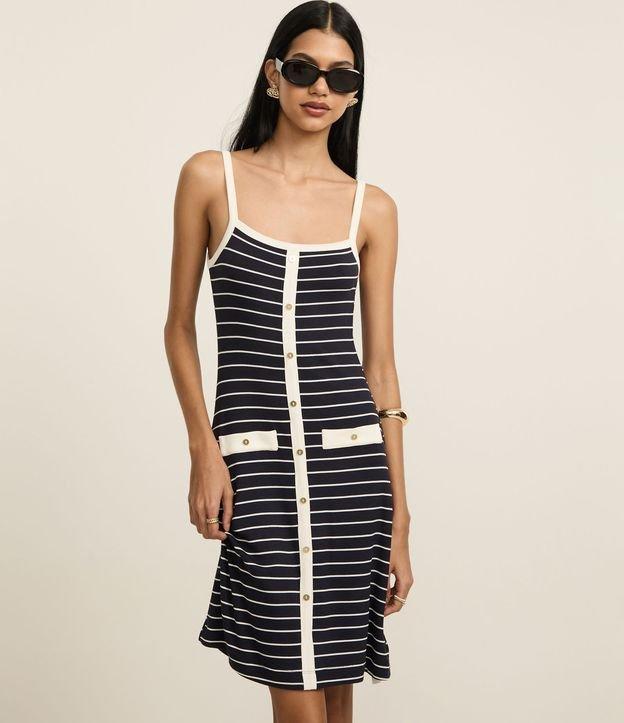 Vestido Curto em Ribana Listrada com Botões - 3