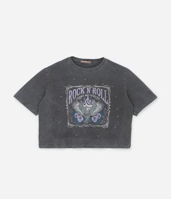 Camiseta Boxy Estonada com Estampa Rock and Roll Curve & Plus Size