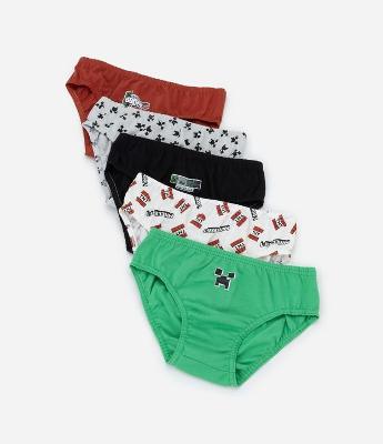 Kit 05 Cuecas Slip Infantil com Estampa Minecraft - Tam 4 a 14 Anos