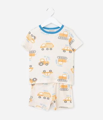 Pijama Curto em Algodão Estampa de Carrinhos - Tam 1 a 4 anos