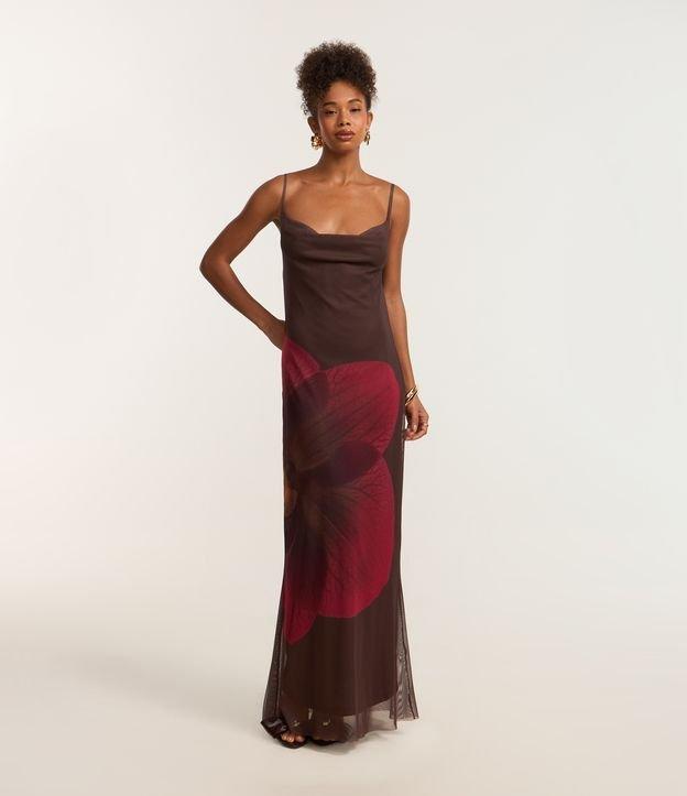 Vestido Longo em Tule com Estampa Hibisco e Decote Degagê - 1