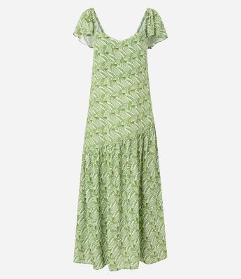 Vestido Longo em Chalis com Estampa de Tucanos e Babado Assimétrico