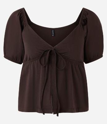 Blusa em Algodão com Mangas Bufantes e Amarração Frontal