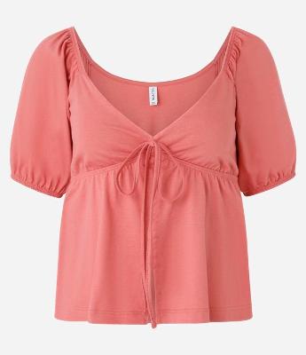 Blusa em Algodão com Mangas Bufantes e Amarração Frontal