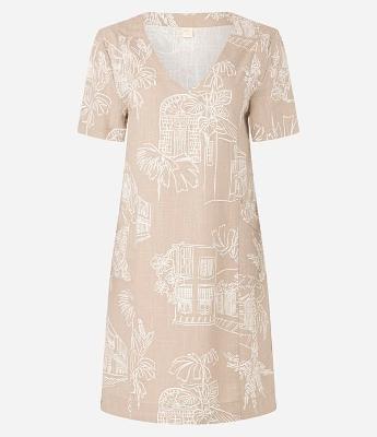 Vestido T-Shirt Curto em Viscolinho com Estampa Folhagens