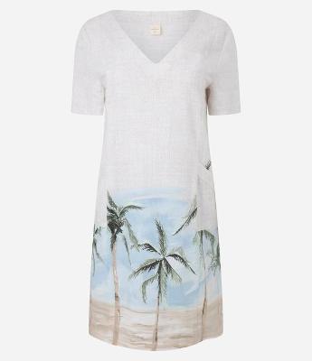 Vestido T-Shirt em Viscolinho com Estampa Paisagem e Coqueiros