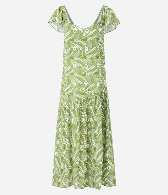 Vestido Longo em Chalis com Estampa de Tucanos Grandes e Babado Assimétrico