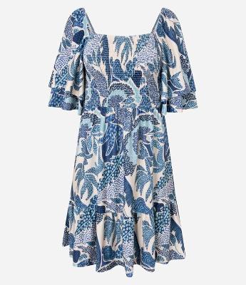 Vestido Curto Texturizado com Estampa Tropical e Manga Soltinha