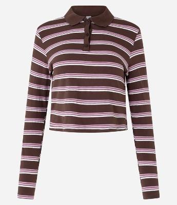 Blusa Listrada com Gola Polo e Manga Longa