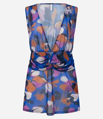 Saída de Praia Vestido Curto em Tule Floral com Torção Frontal