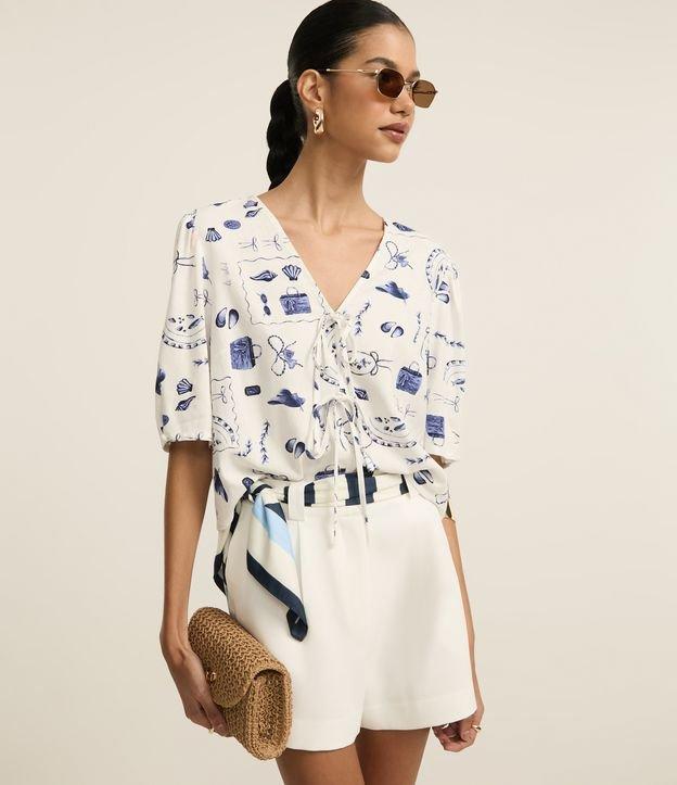 Blusa em Viscolinho com Manga Bufante e Estampa Praia - 2