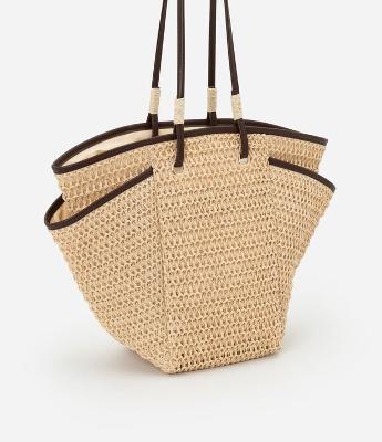 Bolsa de Praia em Palha Natural com Alça de PU e Bolsos Laterais