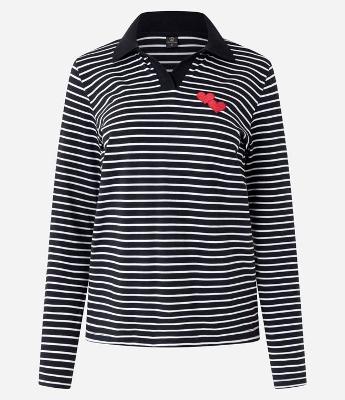 Blusa Listrada em Algodão com Gola Polo e Bordado Coração