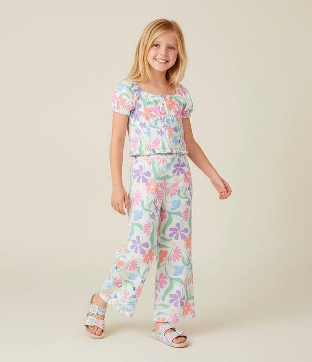 Calça Wide Leg Infantil em Chalis com Estampa Floral - Tam 5 A 14 Anos - 2