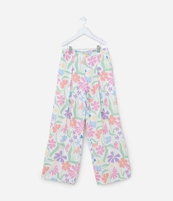 Calça Wide Leg Infantil em Chalis com Estampa Floral - Tam 5 A 14 Anos